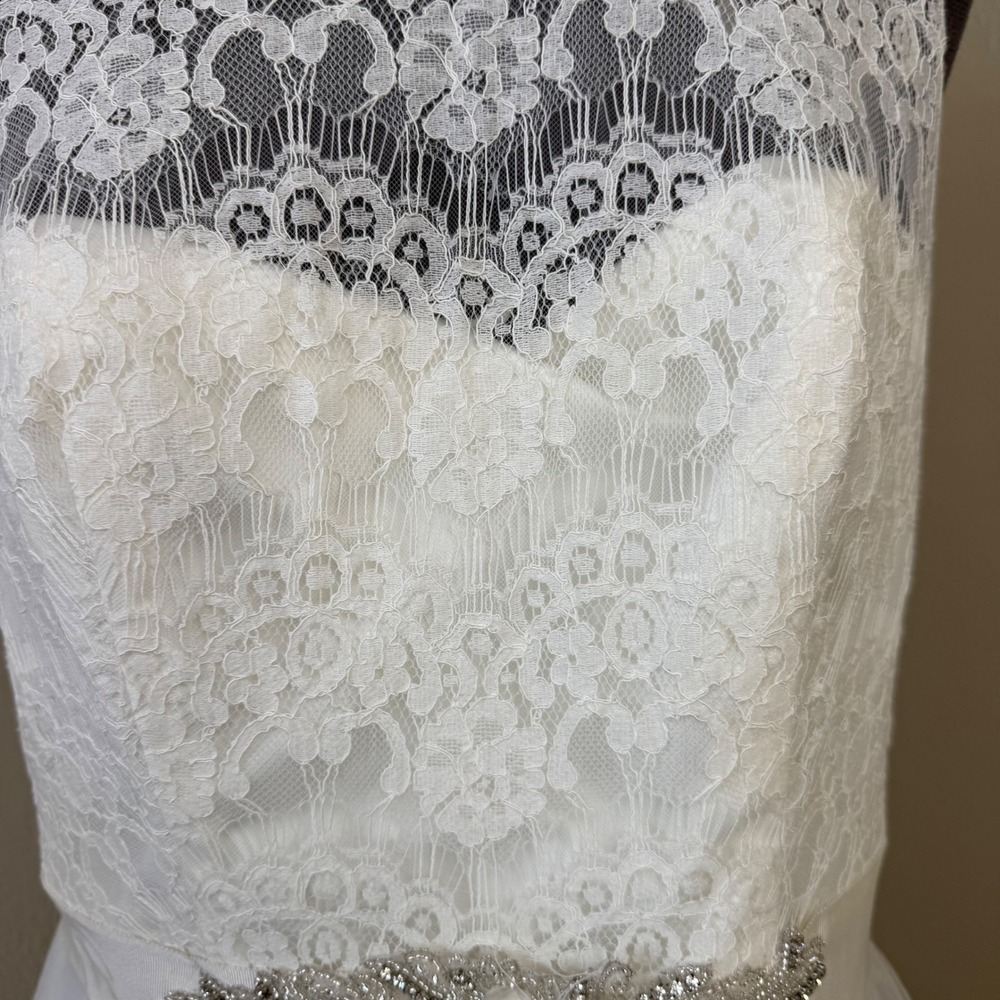 Davids Bridal Lace Tulle A-Line Wedding Dress Bead Sash WG3711 White Ivory - Picture 4 of 16